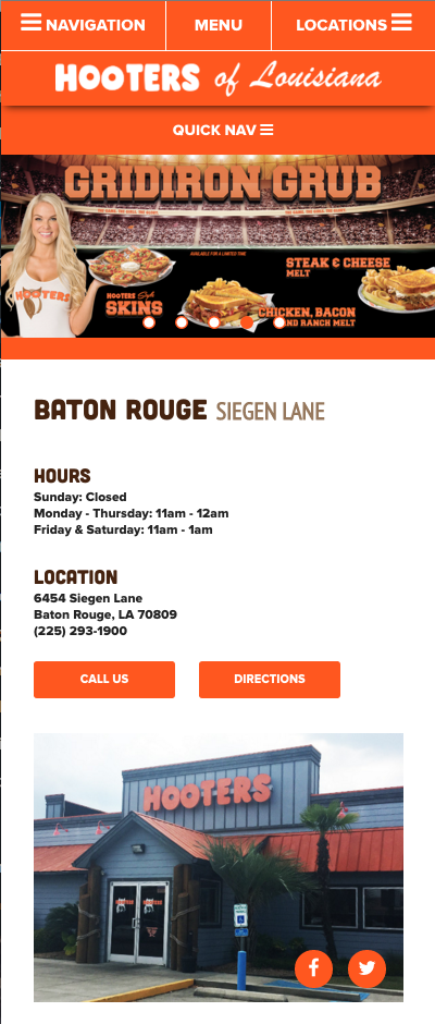 Hooters of Louisiana website, mobile-responsive