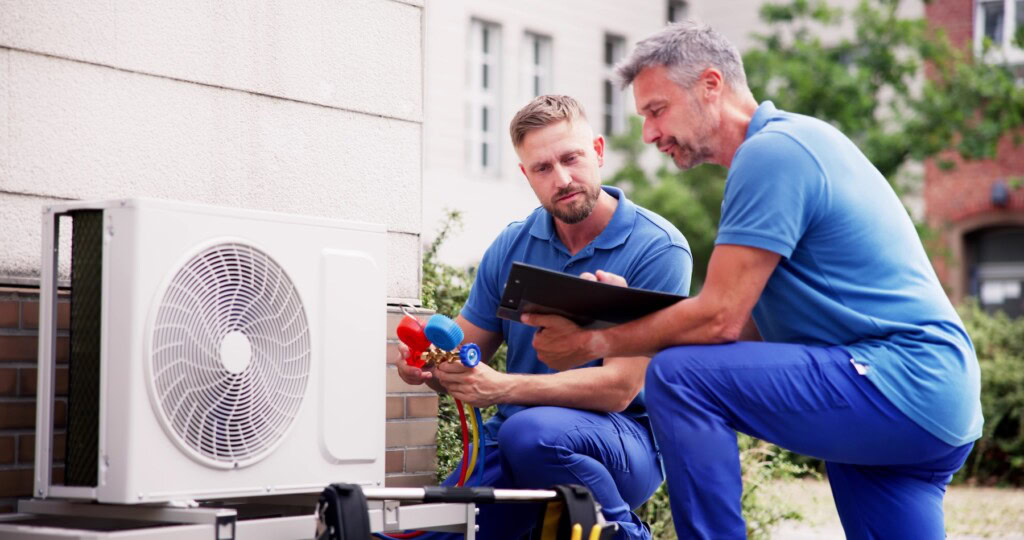 Two air conditioner technicians in blue uniforms inspecting outdoor unit