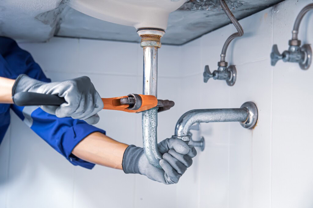 Technician plumber using a wrench to repair a water pipe under the sink.