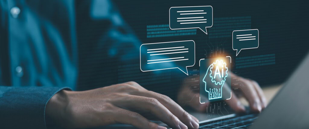 Man typing on laptop, using AI search