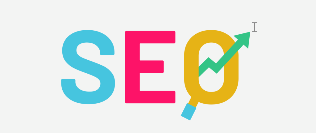 Colorful text that reads SEO with a green arrow coming from within the "O"