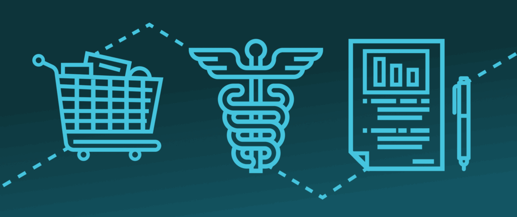Shopping Cart, Healthcare, and Document icons on a teal background