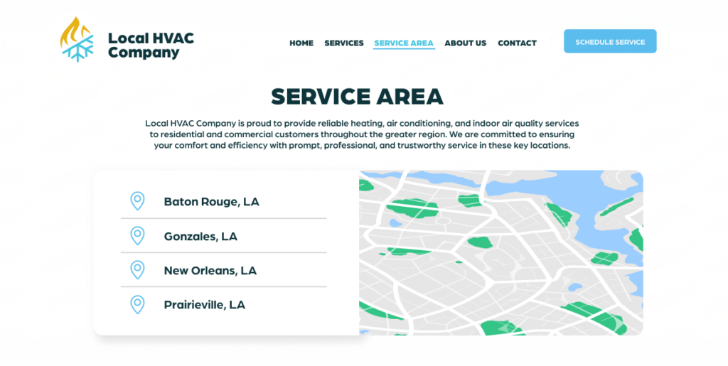 Mocked up service area page for a non-existent