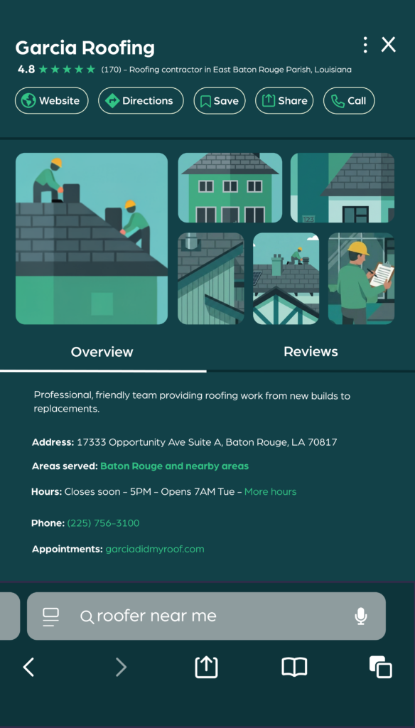 Google My Business mocked up profile for Garcia Roofing