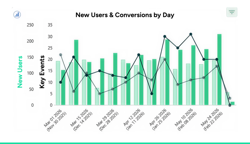 Graph showing New Users & Conversions by Day