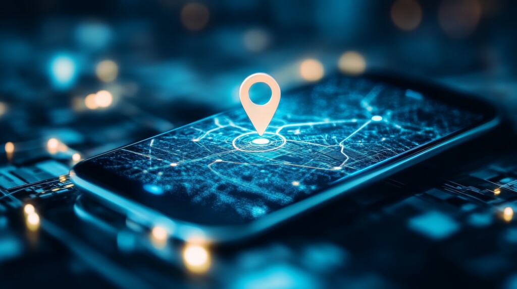 Cellphone sitting on a table with a geofenced location on the screen