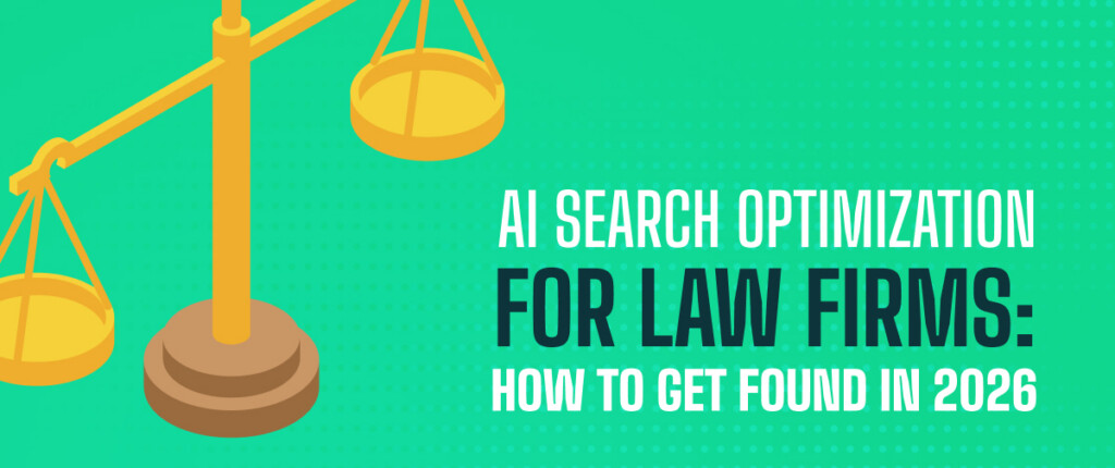 Yellow scales of justice on green background, detailing AI search and marketing strategy for immigration law firm success and visibility in 2026.