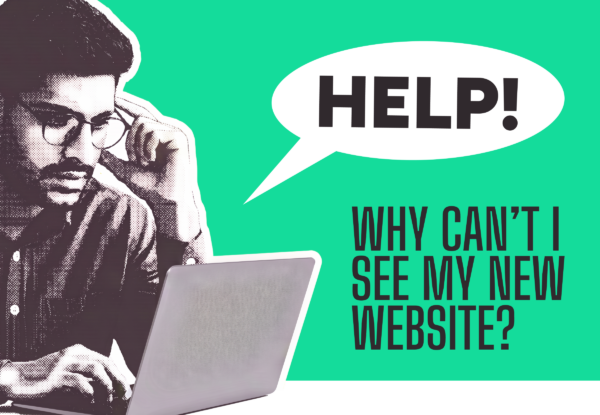 A person at a laptop with a speech bubble: “HELP!” and text: “Why can’t I see my new website?” on a green background.
